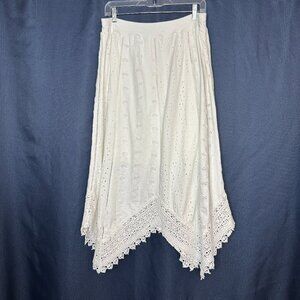 Boho Fairy asymmetric A-line white Chico midi skirt handkerchief hem, Size 1 (M)